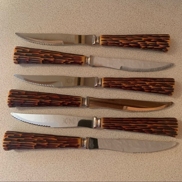 60s Crown Sheffield Stainless Faux Antler Steak Knives set of 6, 🏴󠁧󠁢󠁥󠁮󠁧󠁿 - Picture 1 of 3